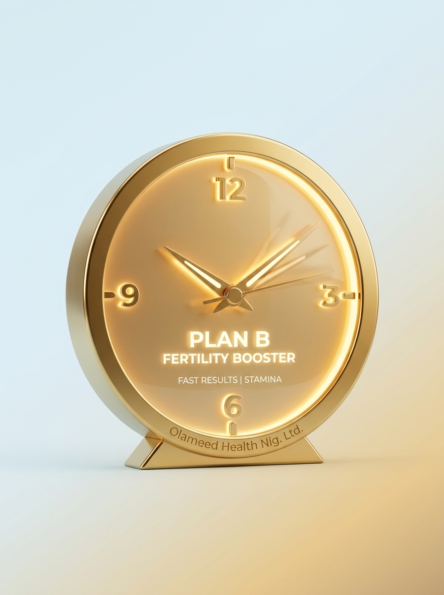 A gold clock face marked PLAN B Fertility Booster — fast results, stamina