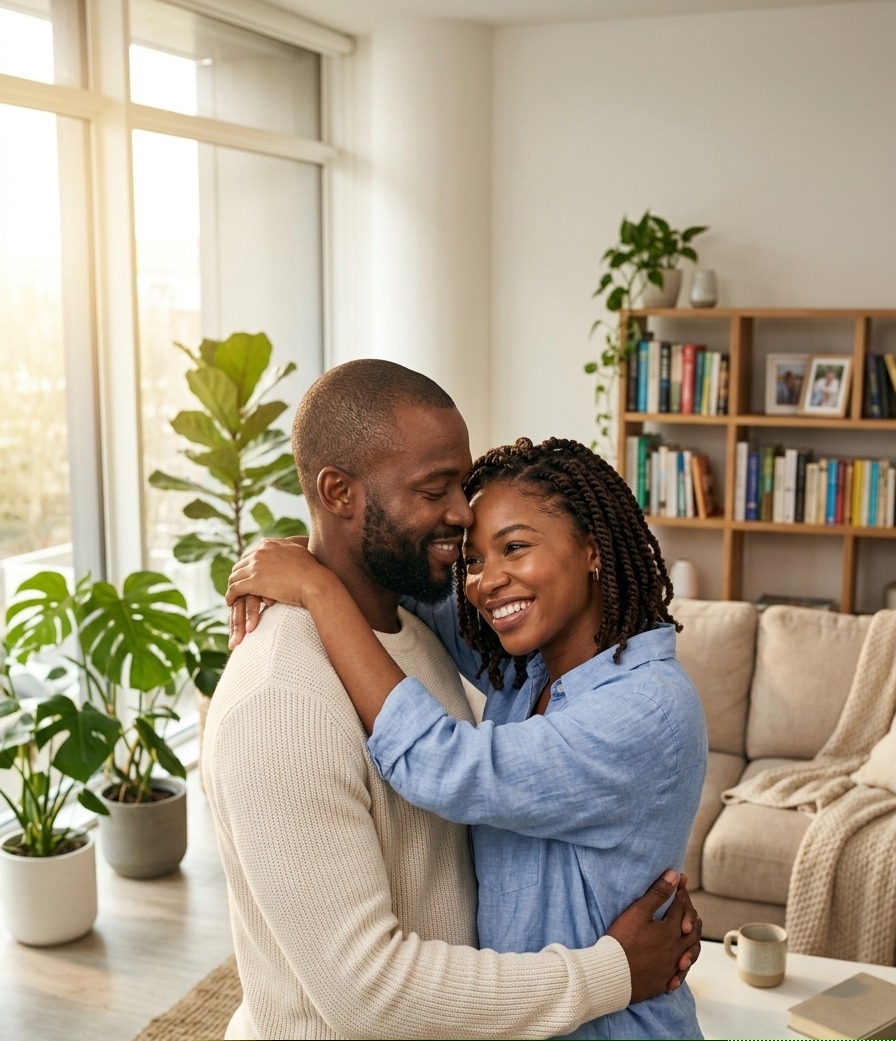 A couple embracing in their living room
