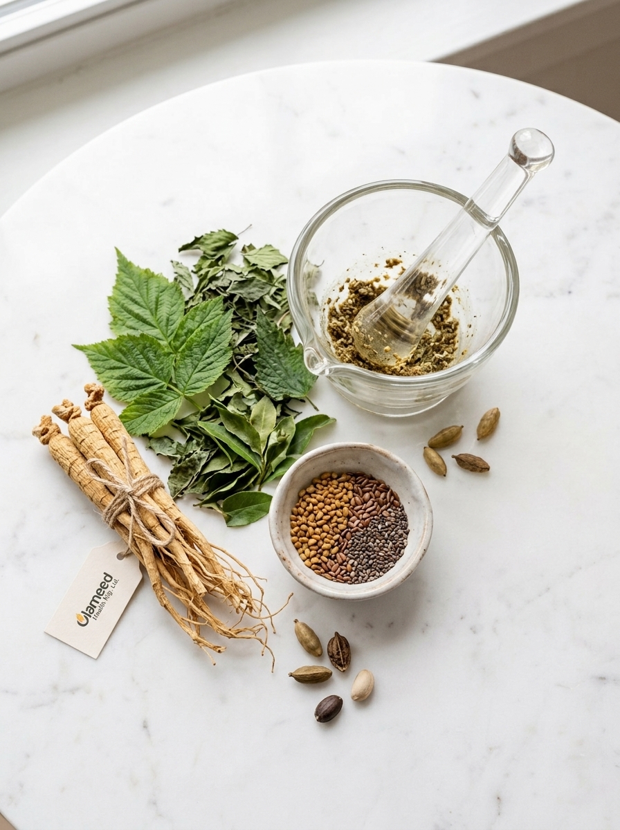 Herbal roots, seeds and leaves on a marble surface