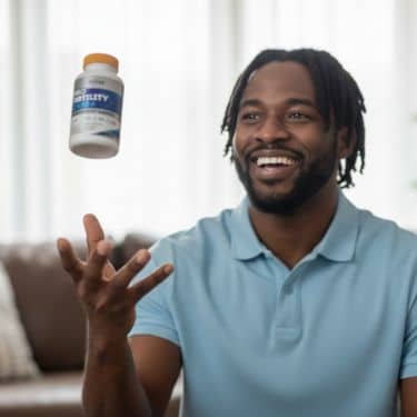 A man at home holding a bottle of the supplement