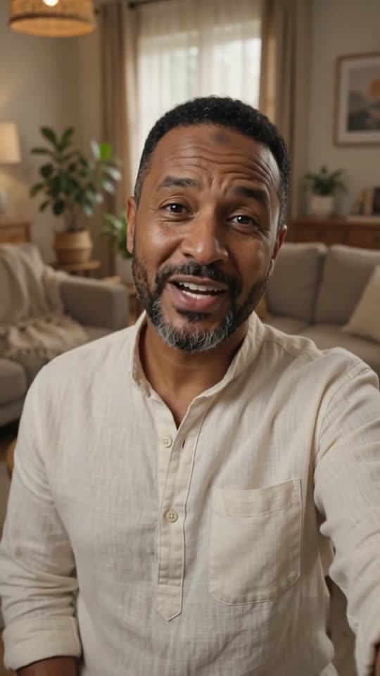 Presenter in a living room speaking to camera