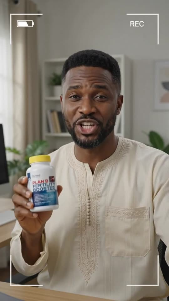 Presenter in a cream kaftan holding a PLAN B bottle in a home office