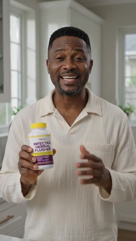 Presenter in a kitchen holding an INFECTAX bottle