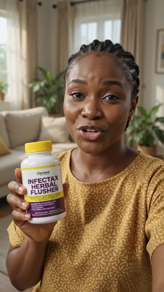 Woman in a living room holding an INFECTAX bottle